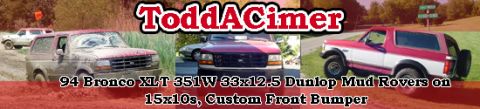 1995 Ford Bronco - Two Ford Broncos are shown in a muddy outdoor setting, one with custom modifications.