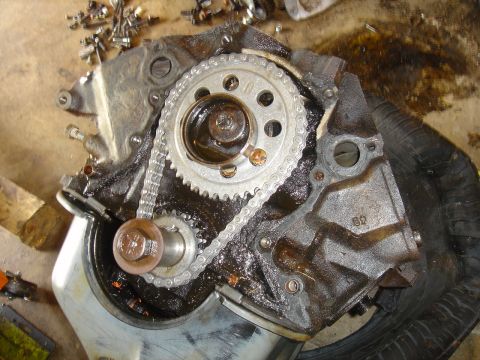 1986 Ford Mustang - Close-up view of an engine's timing chain and gears, with a visible casting number '67' on the block.