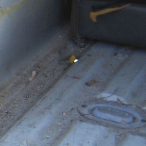 1990 Ford Bronco - Blurry close-up of a dusty ribbed metal cargo floor with a recessed tie-down or drain and scattered debris.