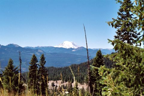 1996 Ford Bronco - A scenic view of mountains and forests under a clear blue sky.