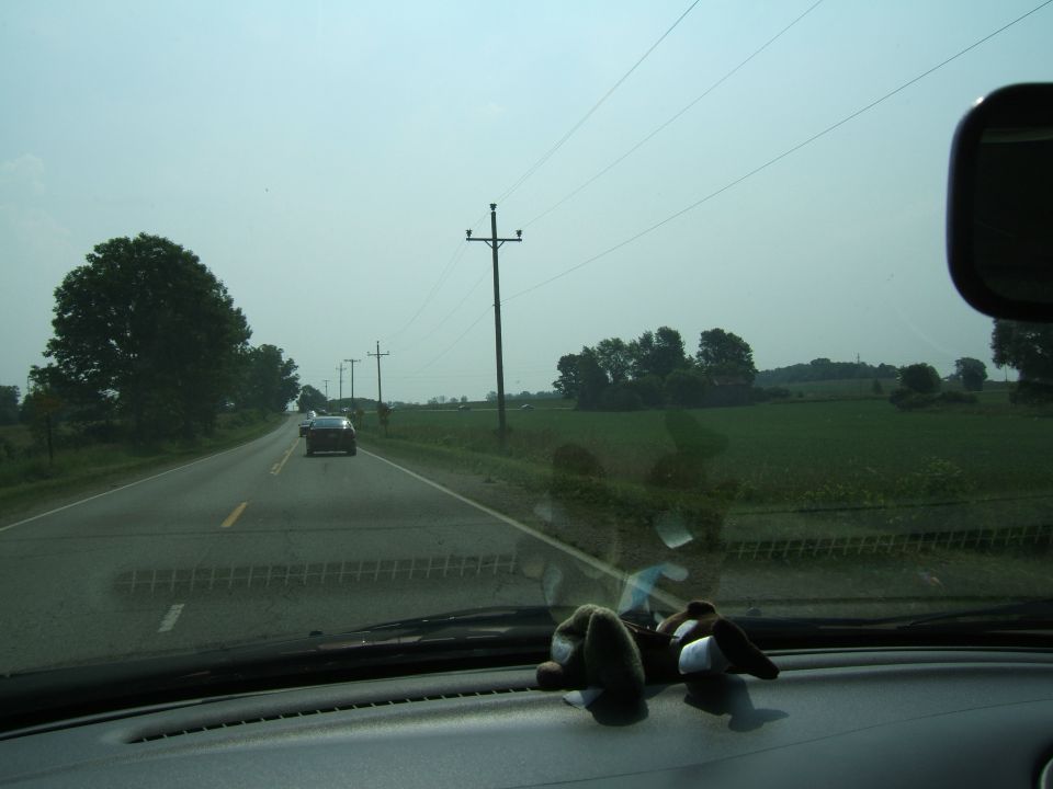 View from car interior looking at a highway with other cars and rural landscape