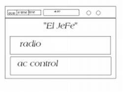 1986 Ford Bronco - Hand-drawn UI mockup of a custom touchscreen interface with radio and AC control buttons, not a vehicle technical document.