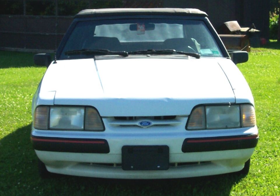 Front of white Fox-body Ford Mustang convertible with black top on grass