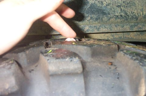 1987 Ford Bronco - A finger presses down on a small object lodged in the tread of a dirty tire.