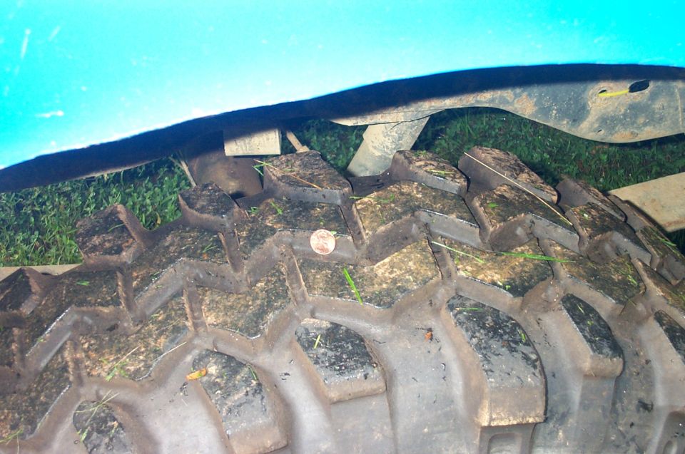 Muddy off-road tire with a coin on tread