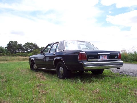 2001 Ford Crown Victoria - Rear view of a dark sedan parked on a grassy area with trees in the background.