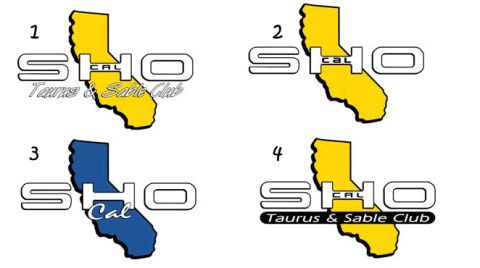 1993 Ford Taurus - Logos display 'SHO CAL' with the California outline and club name, varying in color and text placement.