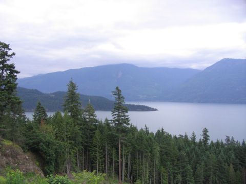 2000 Jeep Cherokee - A vast lake is framed by mountains and dense pine forest under a cloudy sky.