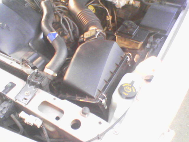 Engine bay view showing black air box, intake tube, radiator hose, and coolant reservoir