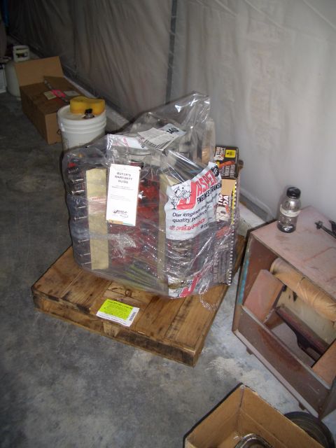 1967 Pontiac GTO - An engine is packaged on a pallet, ready for transport or storage.