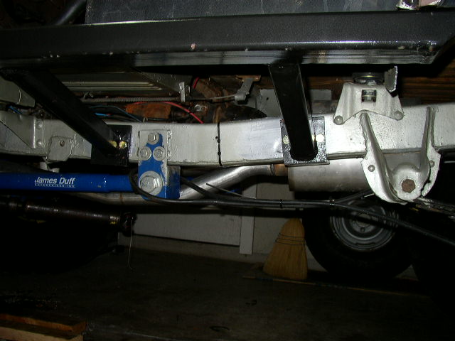 Underside of a vehicle showing suspension parts, exhaust, and a blue bar labeled 'James Duff'