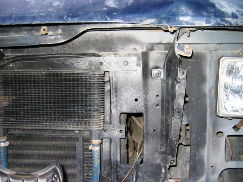 1985 Ford Bronco - Front end view of a 1985 Ford Bronco, showing the radiator and oil cooler assembly.