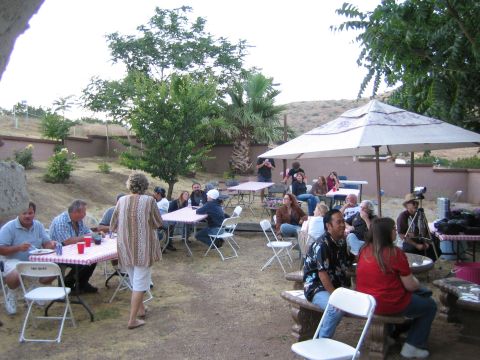 1968 Ford Mustang - People enjoy a party outdoors, seated at tables with checkered tablecloths.