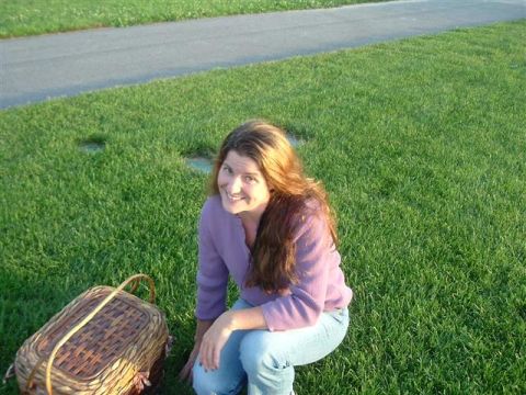 1990 Toyota Celica - A woman kneels in the grass next to a picnic basket, with a paved path in the background.