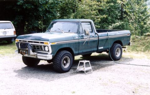 1977 Ford F-150 - Green 1977 Ford F-150 pickup truck parked outdoors with a bull bar attached to the front bumper.