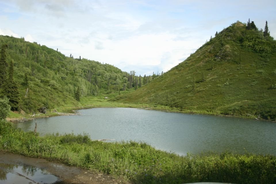 Lake surrounded by green, tree-covered hills under a cloudy sky