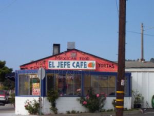 1986 Ford Bronco - El Jefe Cafe building features "Mexican Food" and "El Jefe Cafe" signage, along with "Tortas" and "Fish & Chips" advertisements.