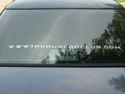 1993 Ford Taurus - The rear window of a car displays a sticker for WWW.TAURUSCARCLUB.COM, with reflections of trees visible.