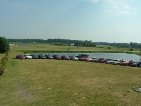 1993 Ford Taurus - A group of cars are parked in a line on a grassy area next to a body of water under a clear sky.