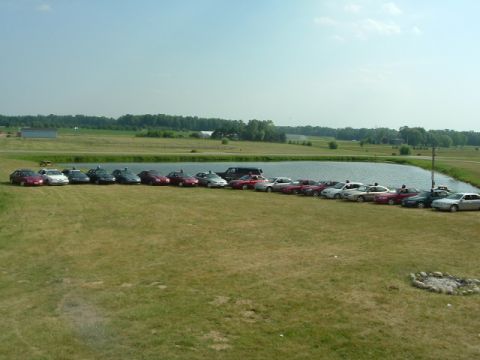 1993 Ford Taurus - A collection of 1993 Ford Tauruses are lined up on a grassy area next to a body of water under a clear sky.