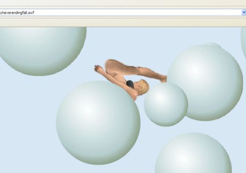 1995 Ford Bronco - Screenshot of a browser window showing a Flash animation (neverendingfall.swf) with a 3D-rendered figure falling among pale blue spheres. N…