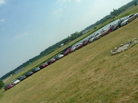 1993 Ford Taurus - A long line of vehicles are parked on a grassy incline under a blue sky.