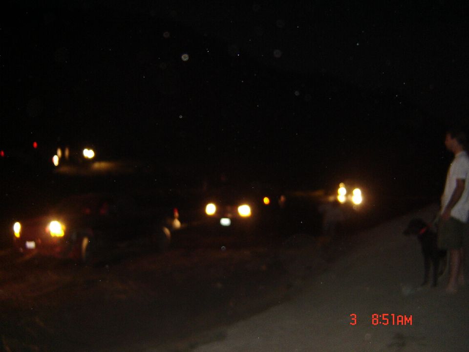 Night off-road scene with truck headlights in the dark and a man with a black dog