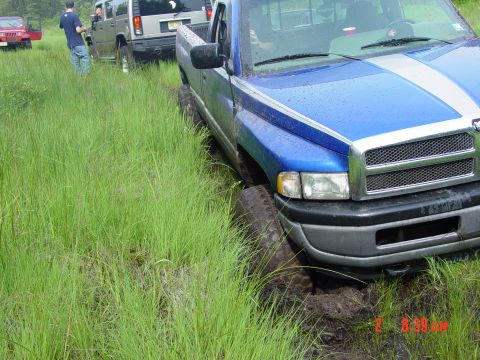 1995 Dodge 1500 - A blue pickup truck is stuck in the mud while other vehicles wait in a grassy field.
