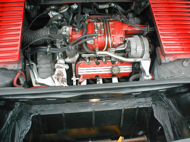 engine bay with red valve covers and red intake manifold, red louvred panels on sides
