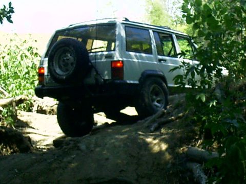 1986 Ford Bronco - White Jeep Cherokee XJ navigates a rough dirt trail with trees on the side.
