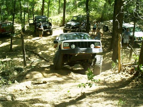1986 Ford Bronco - Several Jeeps are off-roading on a wooded trail with people watching.