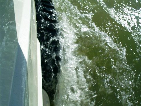 1986 Ford Bronco - Water churns behind a boat as it moves through the water.