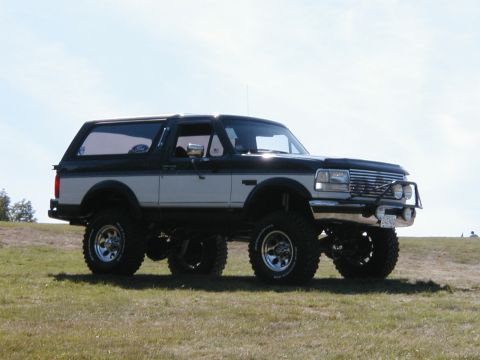 1994 Ford Bronco - A lifted Ford Bronco sits on a grassy hill under a clear blue sky.