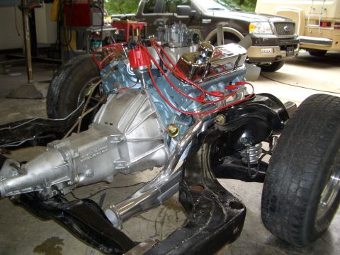 1967 Pontiac GTO - The engine and transmission assembly for a 1967 Pontiac GTO is shown, ready for installation.