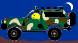 1990 Ford Bronco - Simple cartoon drawing of a green camouflage SUV with a roof rack against a dark blue night sky and crescent moon.