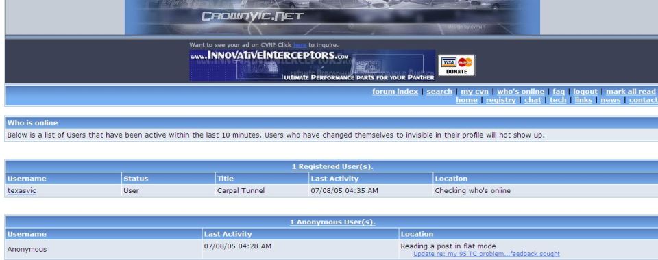 Screenshot of CrownVic.net forum page showing users online and recent activity
