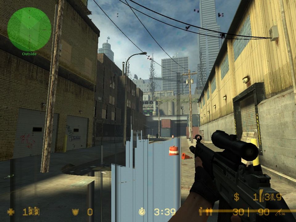 Urban street with buildings, power lines, and a first-person view of a rifle