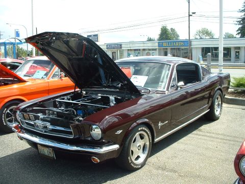 1999 Ford Crown Victoria - Maroon 1965 Ford Mustang coupe with hood open at a car show.