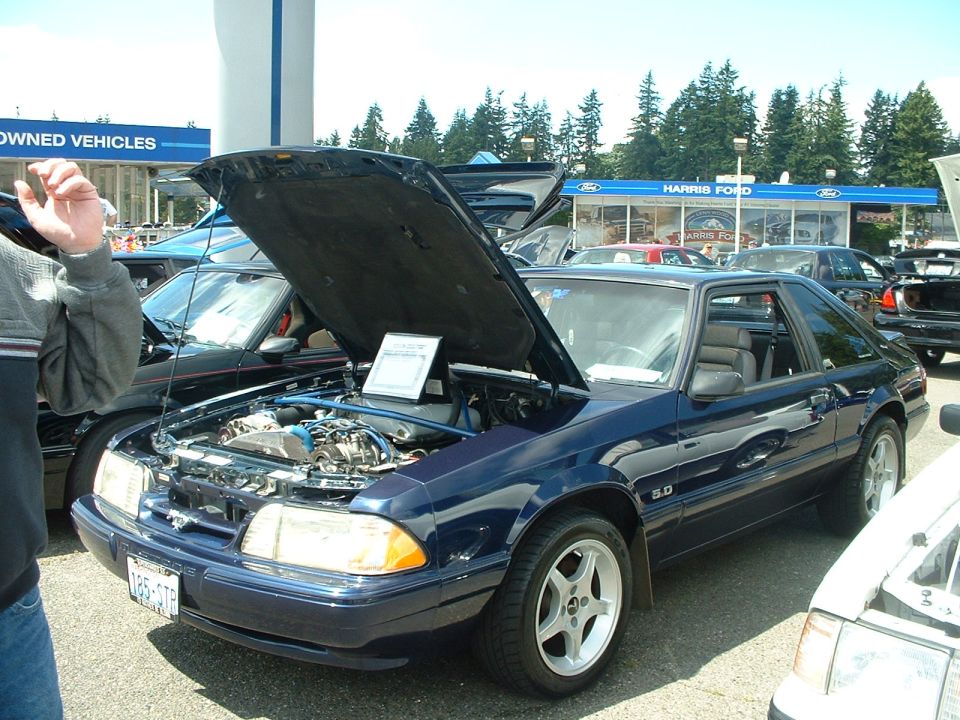 Dark blue coupe with hood open, showing engine. "5.0" badge visible on fender. License plate reads "VP5-0TB"