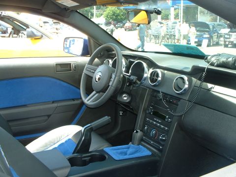 1999 Ford Crown Victoria - Interior view of a Ford Mustang, blue accents on the door panels and seats, and a manual transmission shifter.