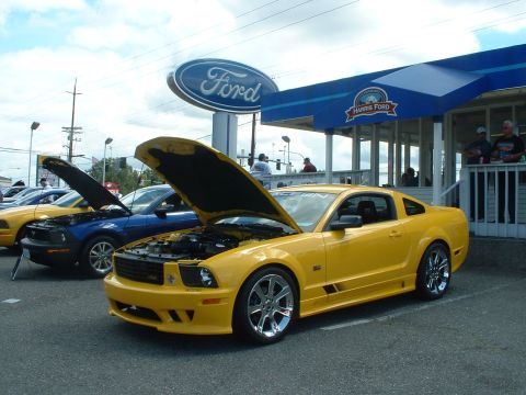 1999 Ford Crown Victoria - Several Ford Mustangs are displayed with their hoods open at a dealership event.