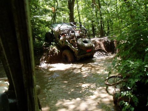 1992 Ford Bronco - An off-road vehicle tackles a challenging muddy water obstacle deep within a wooded area.
