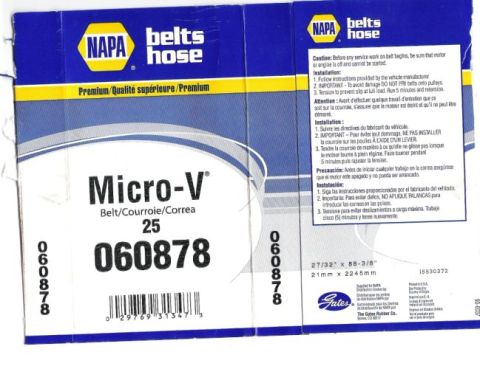 1989 Ford Bronco - This is a NAPA Micro-V belt box with installation instructions in multiple languages.