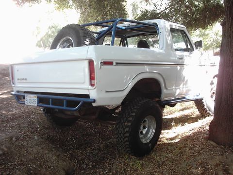 1978 Ford Bronco - Rear view of a white 1978 Ford Bronco with a blue roll cage and spare tire mounted on the tailgate.