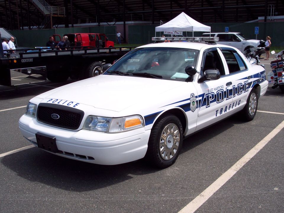 2001 Ford Crown Victoria police car with "EAST HARTFORD POLICE TRAFFIC" markings
