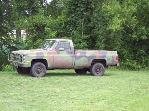 2001 Ford Crown Victoria - This pickup truck is painted in a camouflage pattern and sits in a grassy area with trees behind it.