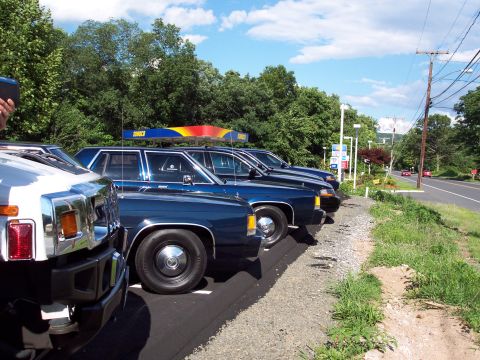 2001 Ford Crown Victoria - Several blue Ford Crown Victorias are parked in a line next to a road, with a white Hummer in the foreground.
