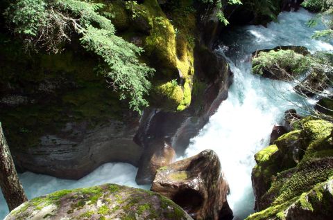1996 Ford Bronco - A powerful waterfall flows through a narrow, rocky canyon surrounded by lush green trees and mossy boulders.