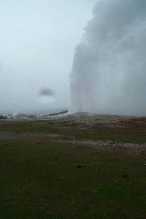 1996 Ford Bronco - Old Faithful geyser erupts, sending a massive plume of steam high into the air under a gray sky.
