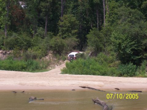 1987 Ford Bronco - A white and red SUV is parked on a dirt path surrounded by dense foliage.